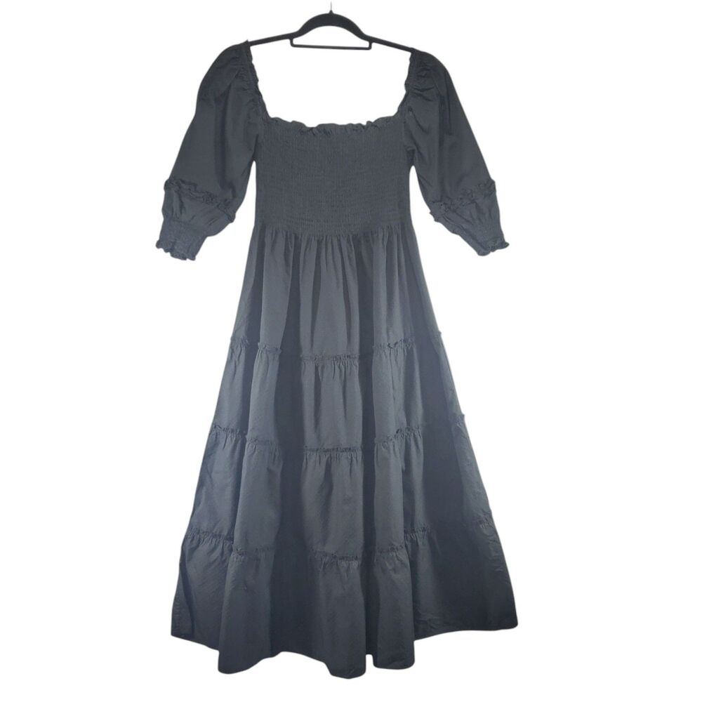 XS Hill House Nesli Nap Dress Black Swiss Dot Midi Length Double Black Puff Slv